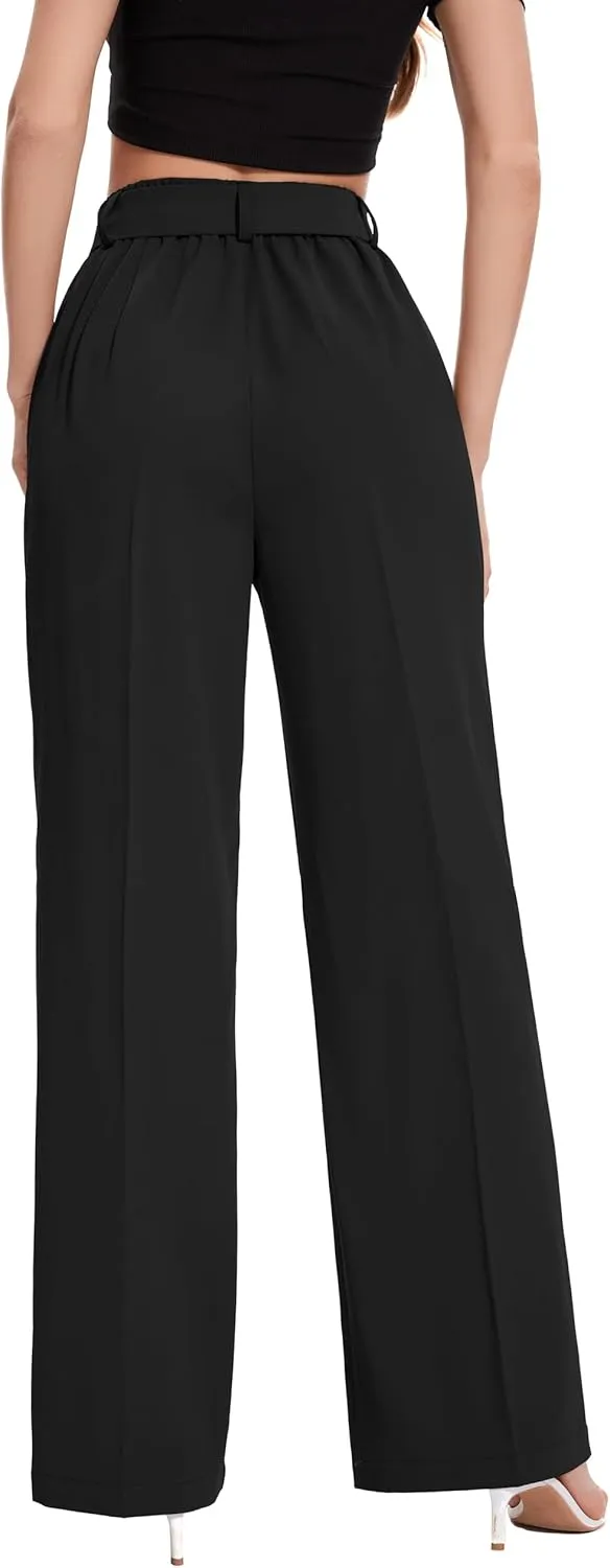 FUNYYZO Women's High Waist Wide Leg Pants Business Work Office Casual Long Pants Belted Trousers