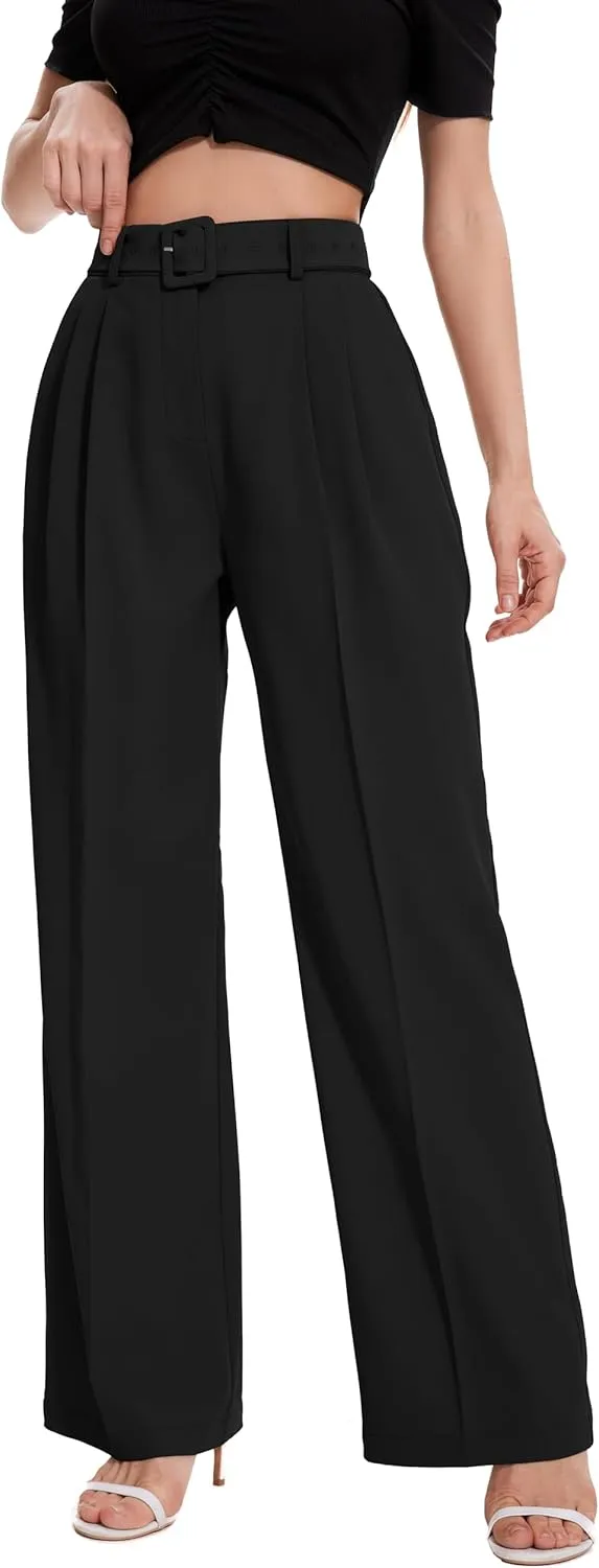 FUNYYZO Women's High Waist Wide Leg Pants Business Work Office Casual Long Pants Belted Trousers
