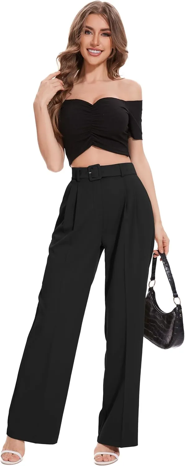 FUNYYZO Women's High Waist Wide Leg Pants Business Work Office Casual Long Pants Belted Trousers