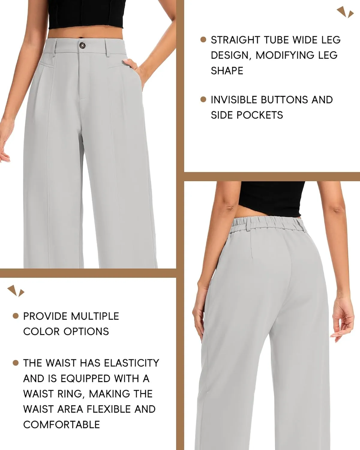 FUNYYZO Women's Long Casual Pants High Waisted Work Pants Dressy Wide Leg Elastic Waist Trousers Pants