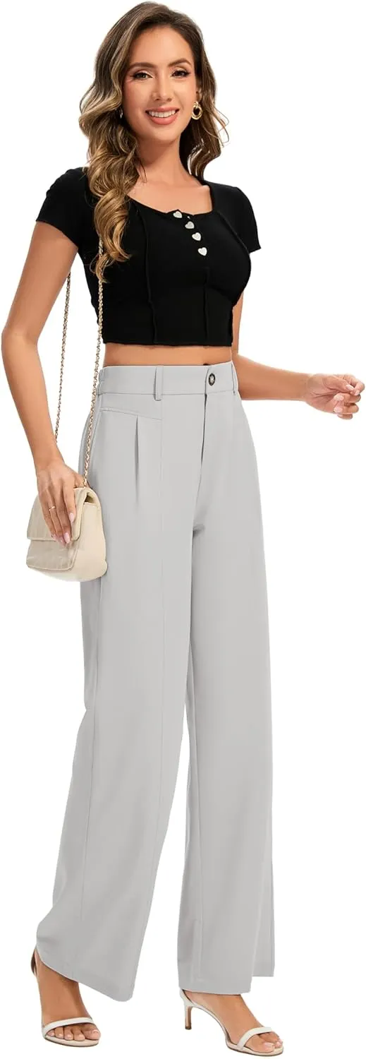 FUNYYZO Women's Long Casual Pants High Waisted Work Pants Dressy Wide Leg Elastic Waist Trousers Pants
