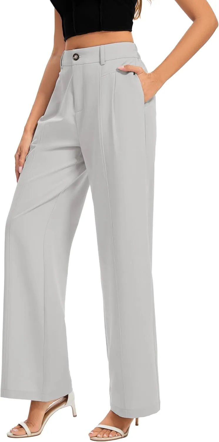 FUNYYZO Women's Long Casual Pants High Waisted Work Pants Dressy Wide Leg Elastic Waist Trousers Pants