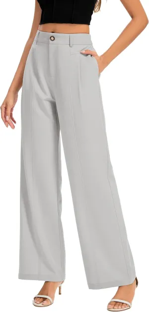 FUNYYZO Women's Long Casual Pants High Waisted Work Pants Dressy Wide Leg Elastic Waist Trousers Pants