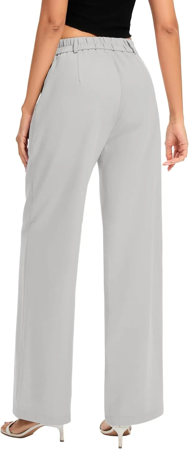 FUNYYZO Women's Long Casual Pants High Waisted Work Pants Dressy Wide Leg Elastic Waist Trousers Pants