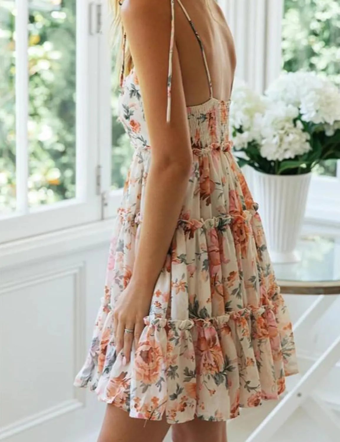 Gihuo Womens Floral Mini Dress Boho Flowy Skater Spaghetti Strap Ruffle Sleeveless Beach Dress 2024 Summer Sundresses