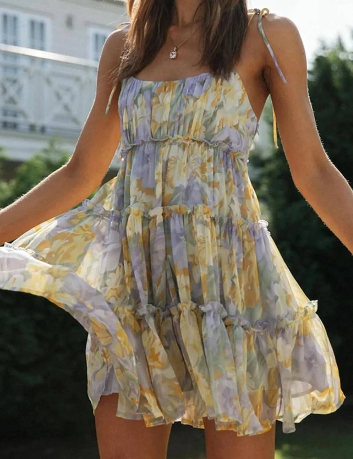 Gihuo Womens Floral Mini Dress Boho Flowy Skater Spaghetti Strap Ruffle Sleeveless Beach Dress 2024 Summer Sundresses