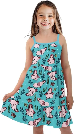 Girls Cute Spaghetti Strap Dress Tiered A-Line Pleated Summer Midi Dresses for 3-14Y