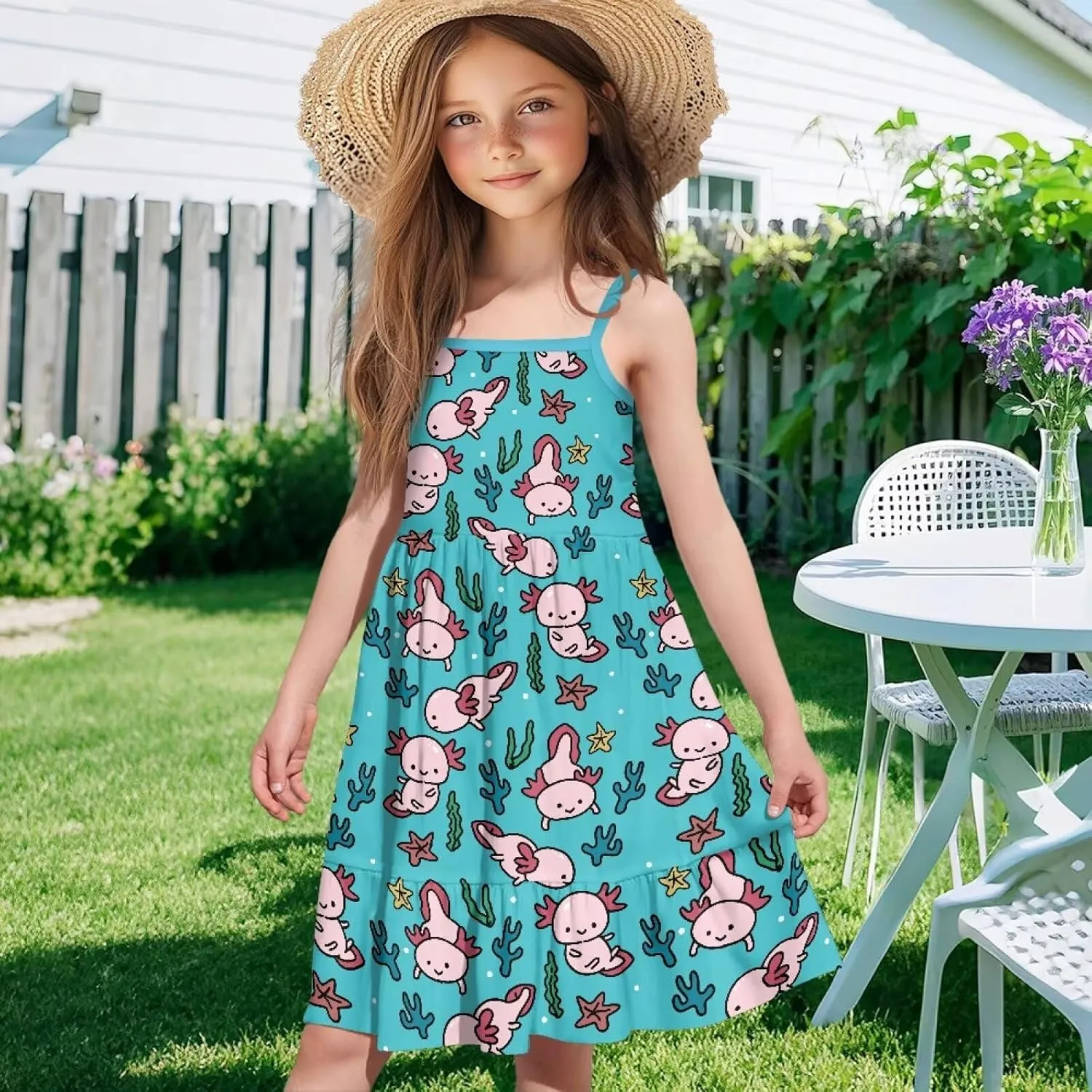 Girls Cute Spaghetti Strap Dress Tiered A-Line Pleated Summer Midi Dresses for 3-14Y