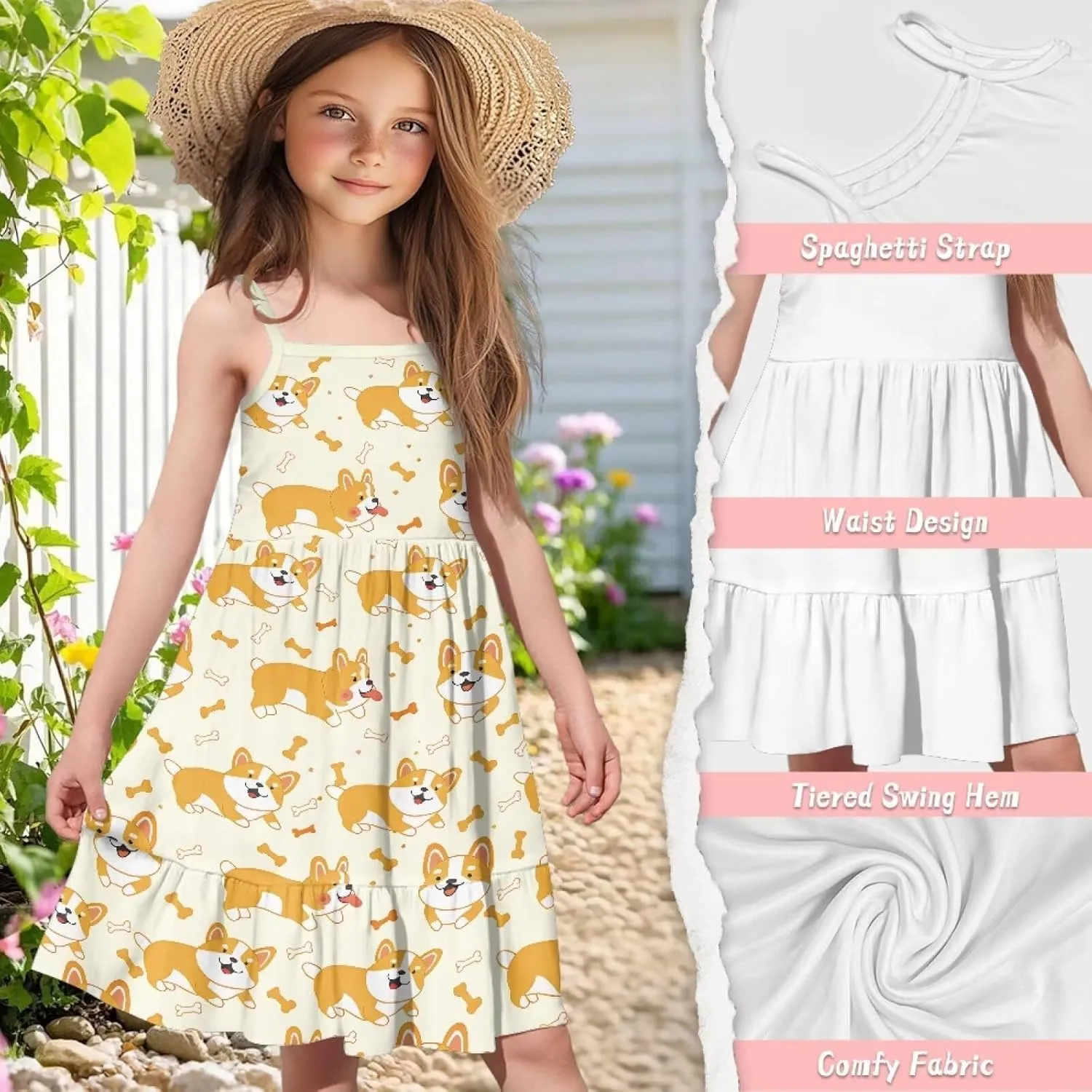 Girls Cute Spaghetti Strap Dress Tiered A-Line Pleated Summer Midi Dresses for 3-14Y