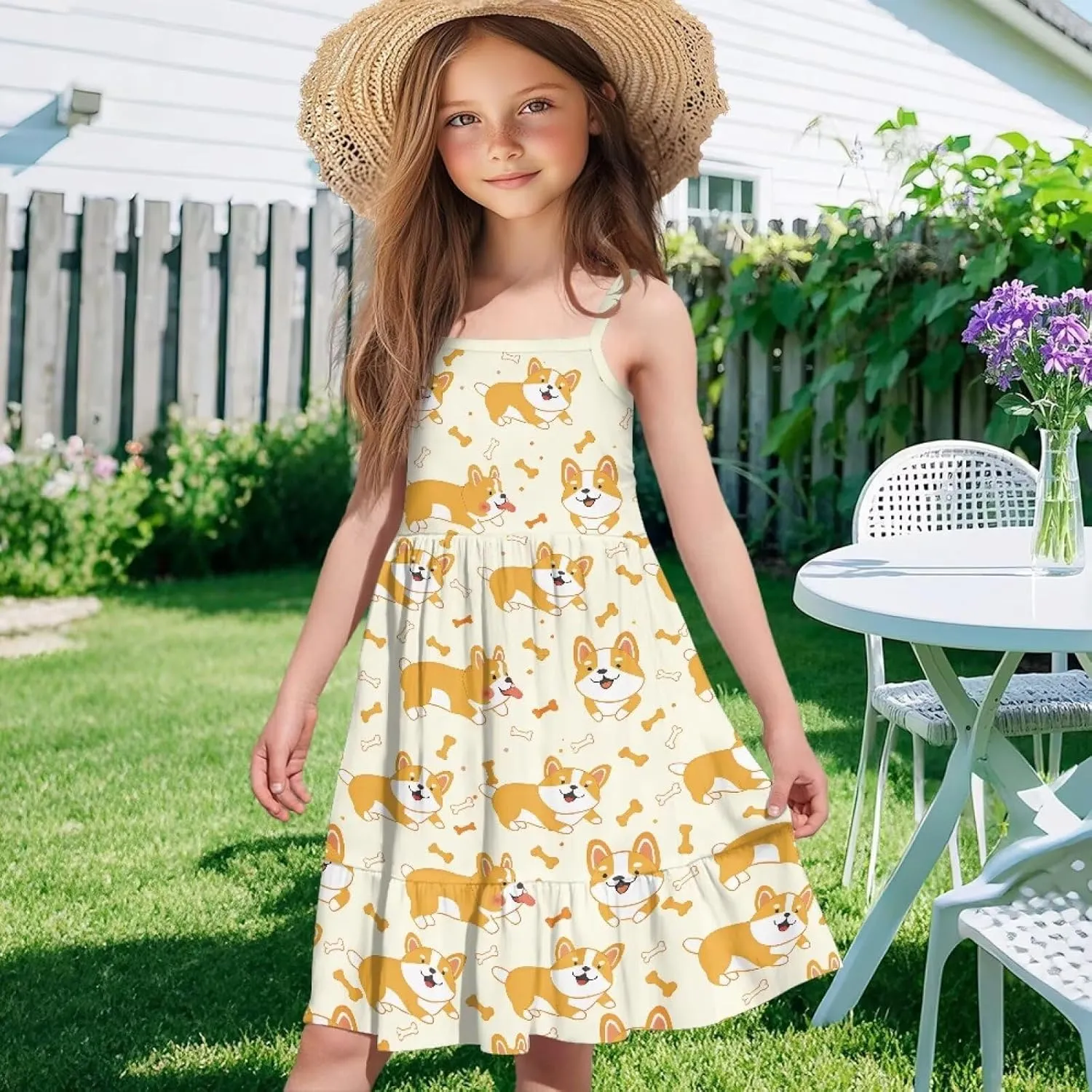 Girls Cute Spaghetti Strap Dress Tiered A-Line Pleated Summer Midi Dresses for 3-14Y