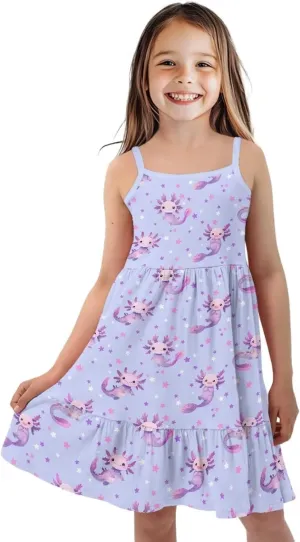 Girls Cute Spaghetti Strap Dress Tiered A-Line Pleated Summer Midi Dresses for 3-14Y