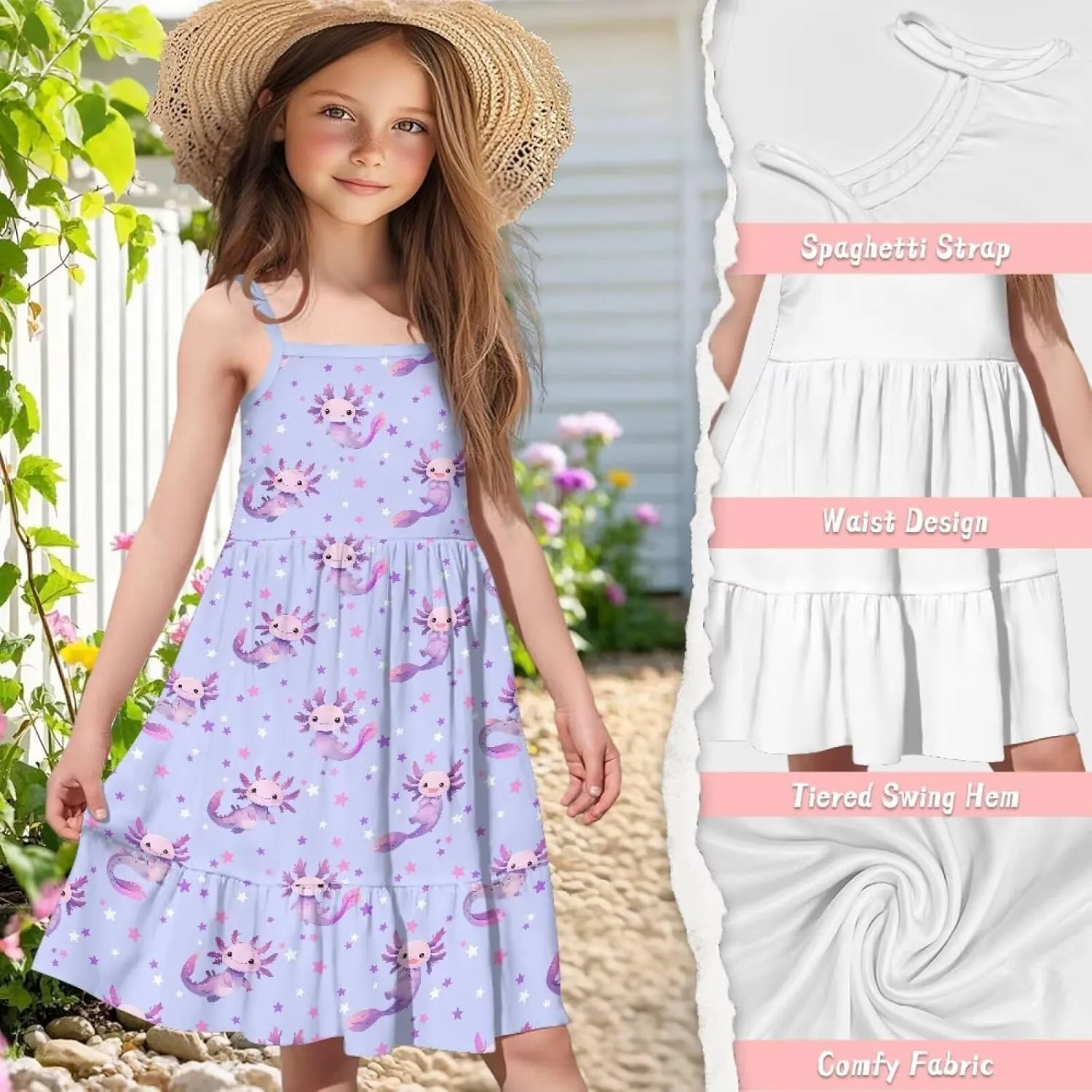 Girls Cute Spaghetti Strap Dress Tiered A-Line Pleated Summer Midi Dresses for 3-14Y