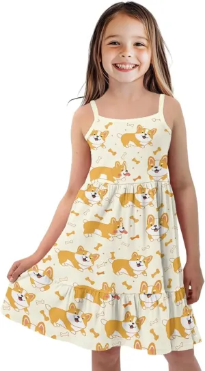 Girls Cute Spaghetti Strap Dress Tiered A-Line Pleated Summer Midi Dresses for 3-14Y