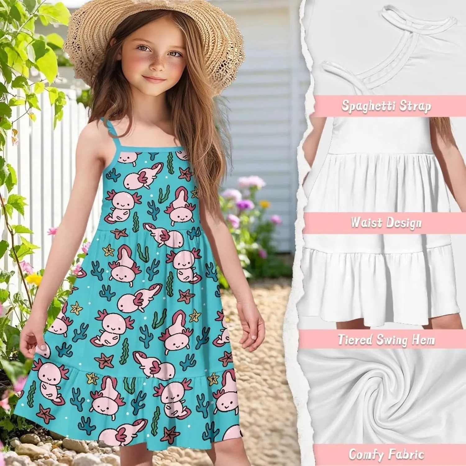 Girls Cute Spaghetti Strap Dress Tiered A-Line Pleated Summer Midi Dresses for 3-14Y
