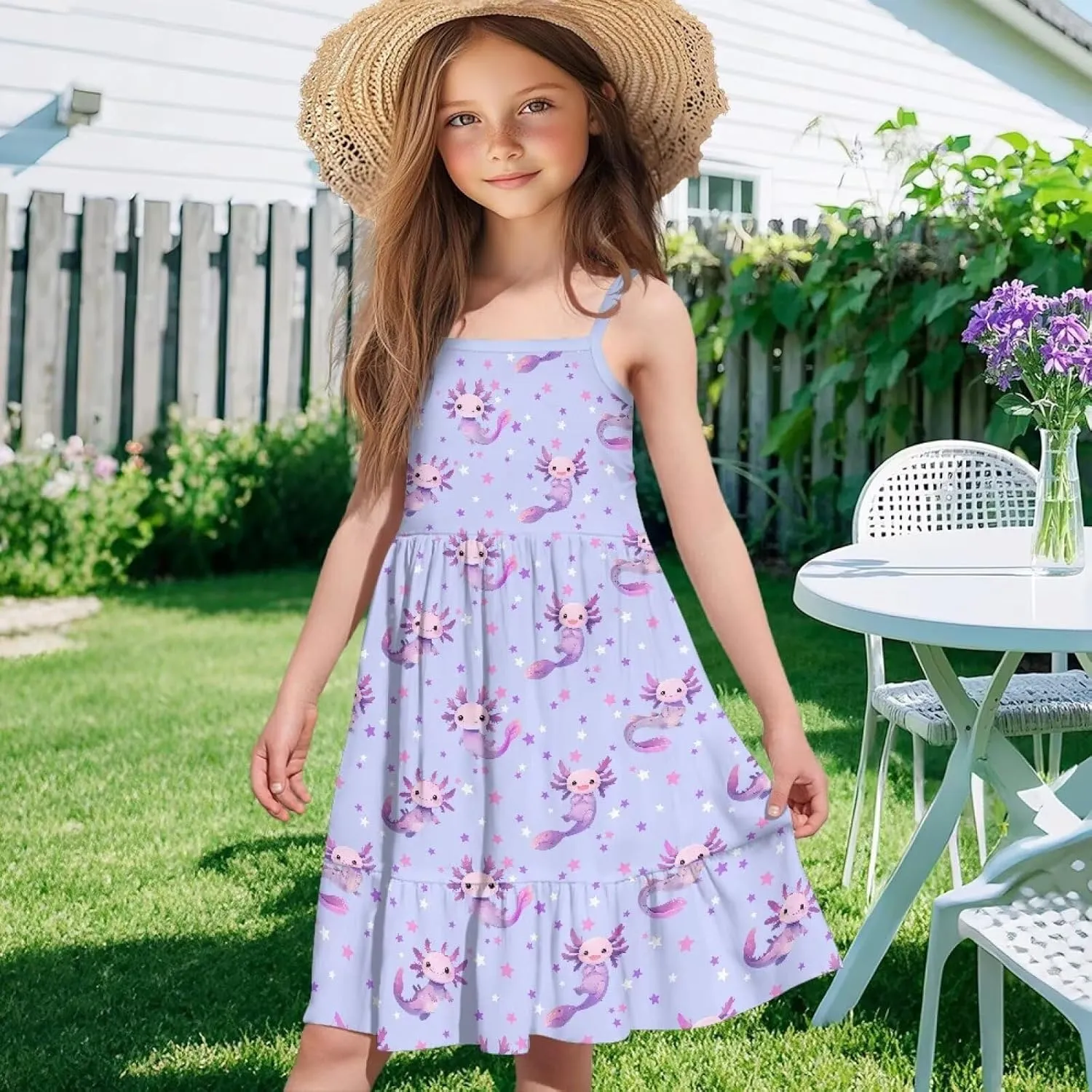 Girls Cute Spaghetti Strap Dress Tiered A-Line Pleated Summer Midi Dresses for 3-14Y