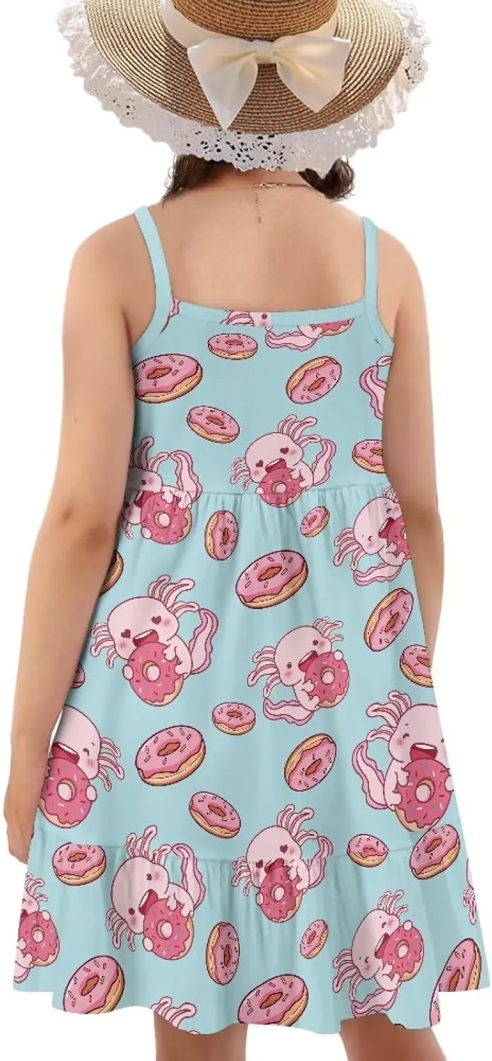 Girls Spaghetti Strap Summer Dress Ruffle Pleated Midi Dresses for School Home 3-16 Y