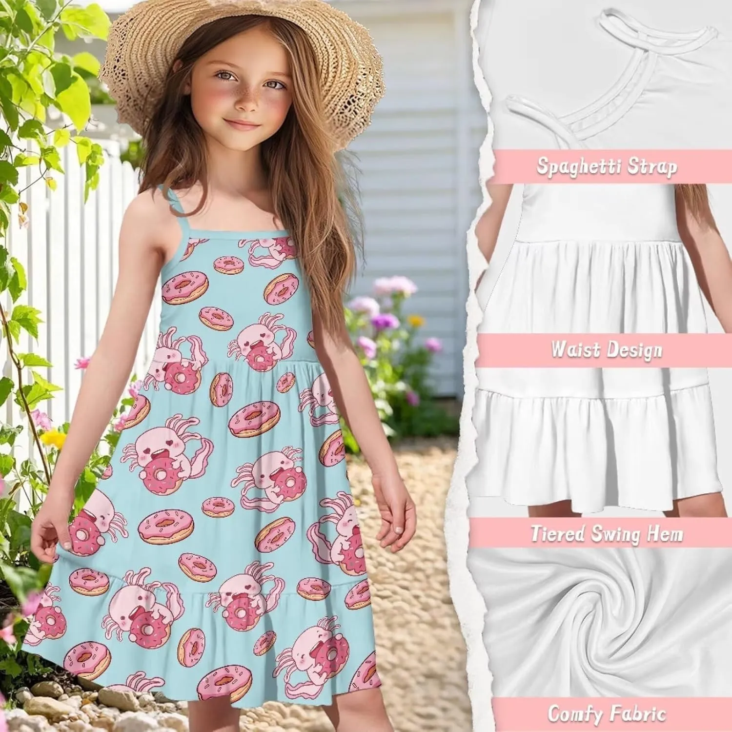 Girls Spaghetti Strap Summer Dress Ruffle Pleated Midi Dresses for School Home 3-16 Y