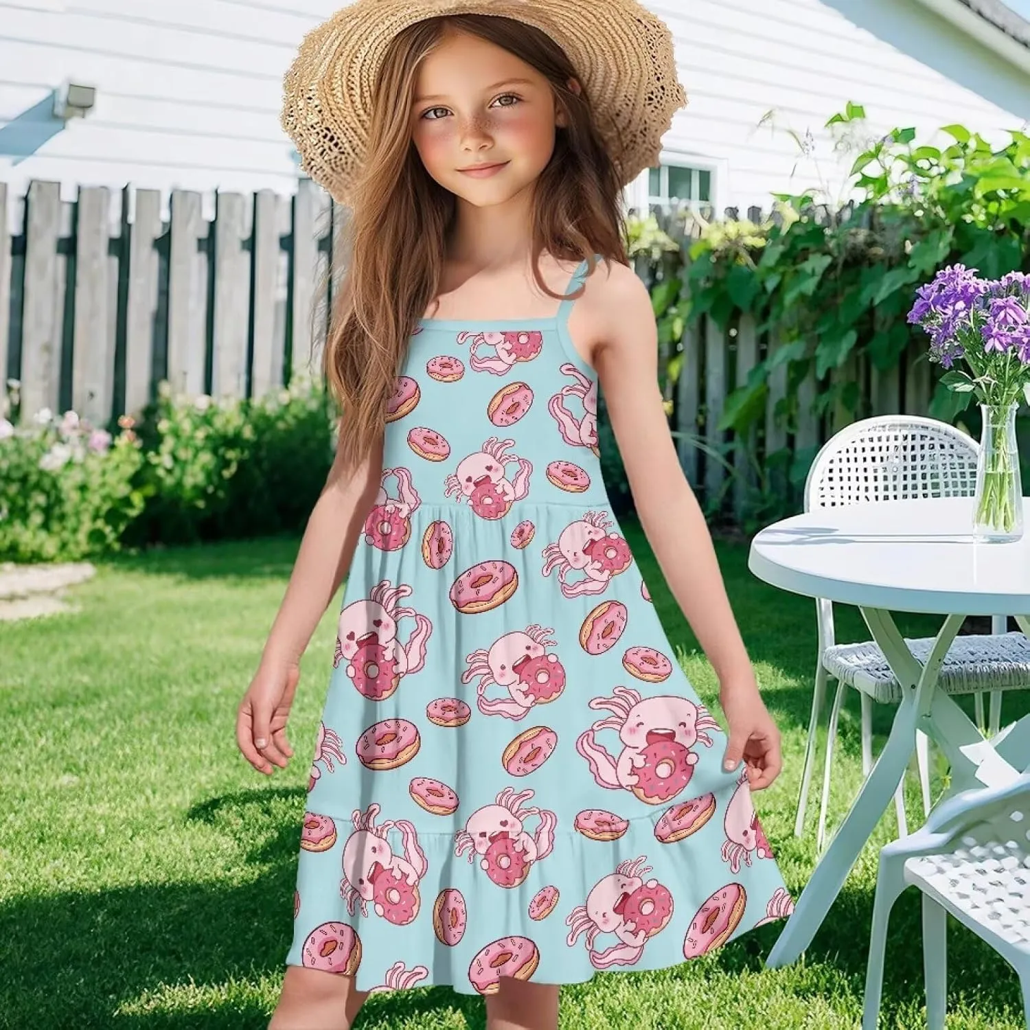 Girls Spaghetti Strap Summer Dress Ruffle Pleated Midi Dresses for School Home 3-16 Y