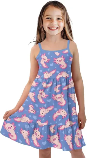 Girls Spaghetti Strap Summer Dress Ruffle Pleated Midi Dresses for School Home 3-16 Y