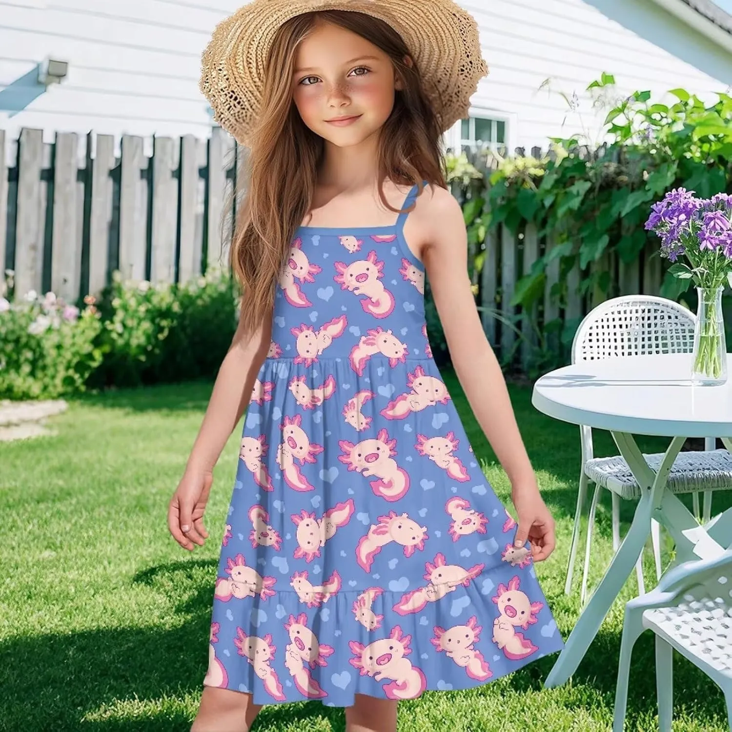 Girls Spaghetti Strap Summer Dress Ruffle Pleated Midi Dresses for School Home 3-16 Y
