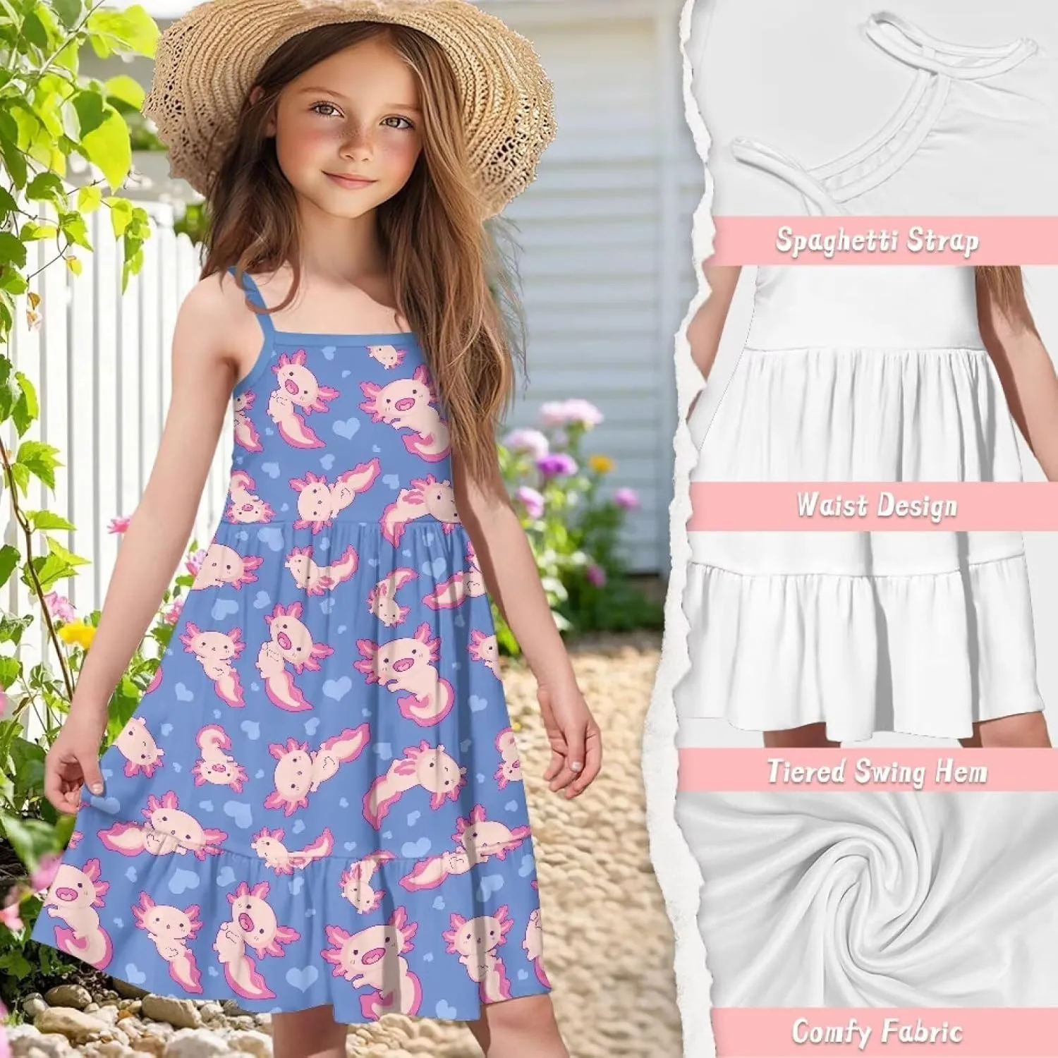 Girls Spaghetti Strap Summer Dress Ruffle Pleated Midi Dresses for School Home 3-16 Y