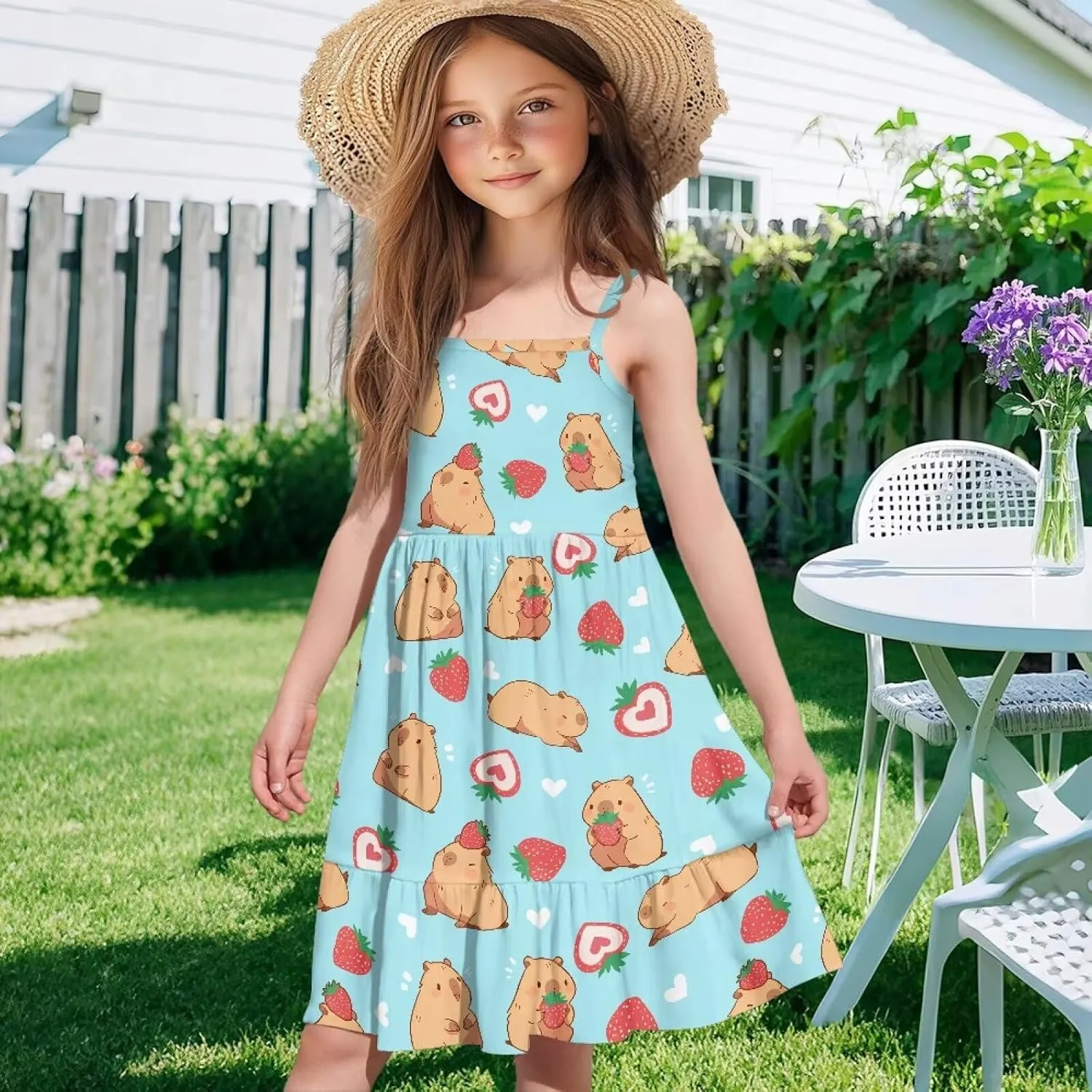 Girls Spaghetti Strap Summer Dress Ruffle Pleated Midi Dresses for School Home 3-16 Y