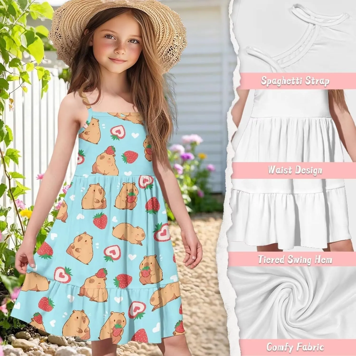 Girls Spaghetti Strap Summer Dress Ruffle Pleated Midi Dresses for School Home 3-16 Y