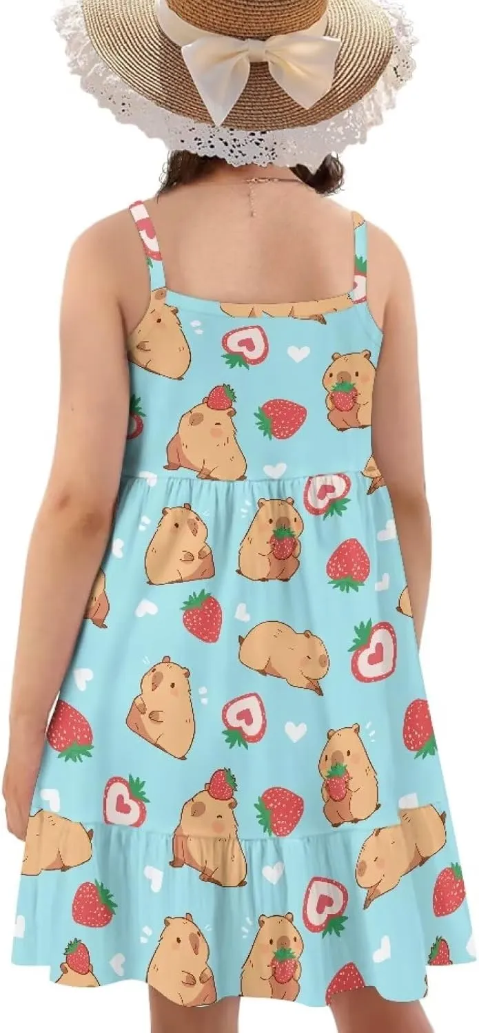 Girls Spaghetti Strap Summer Dress Ruffle Pleated Midi Dresses for School Home 3-16 Y