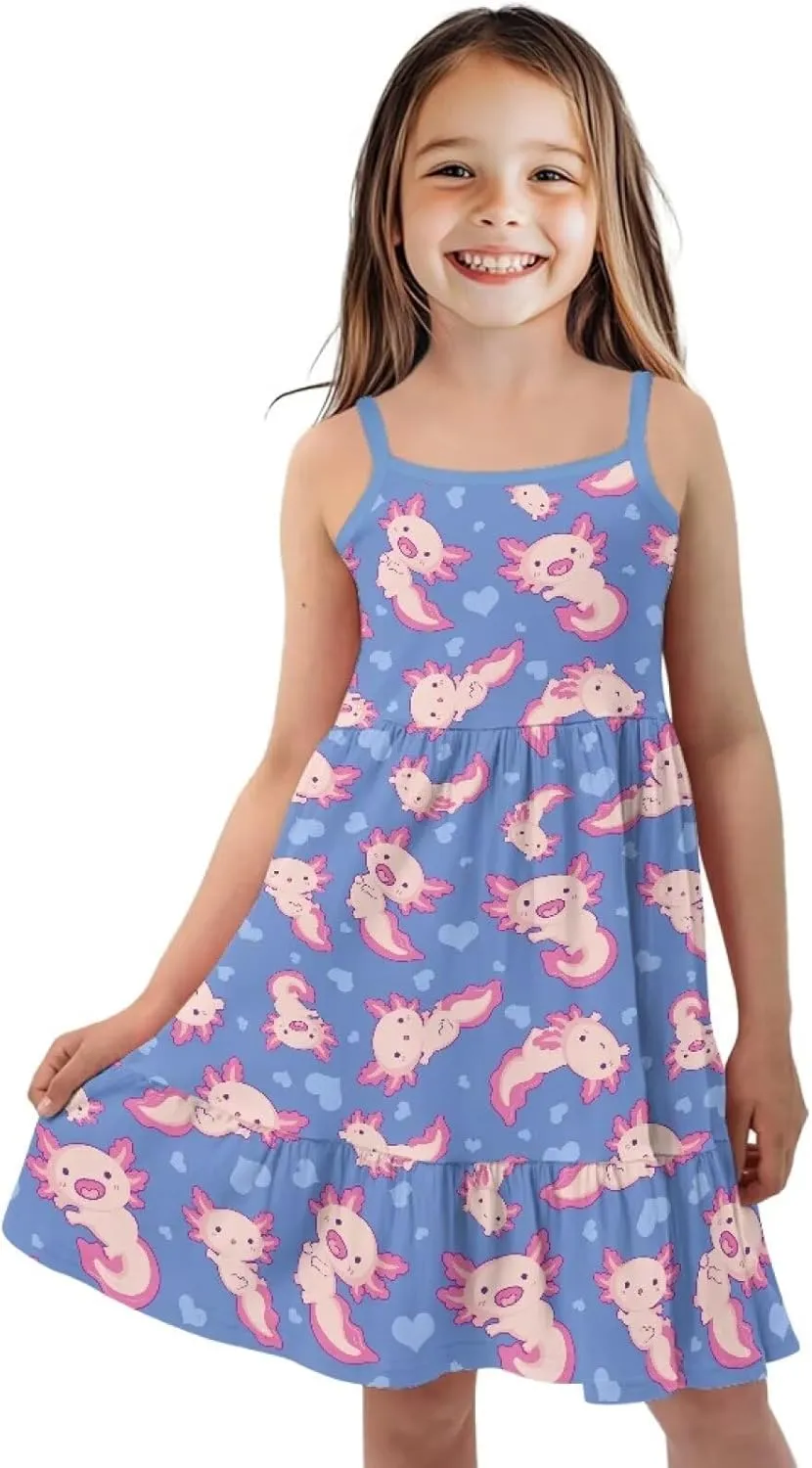 Girls Spaghetti Strap Summer Dress Ruffle Pleated Midi Dresses for School Home 3-16 Y