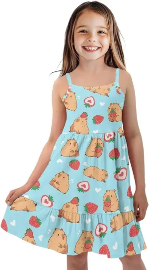 Girls Spaghetti Strap Summer Dress Ruffle Pleated Midi Dresses for School Home 3-16 Y