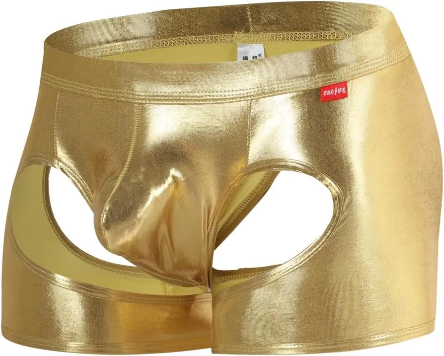 Gogobear Men's Shiny Metallic Boxer Briefs Sexy Breathable Hollow Out Bulge Pouch Bikini Underwear