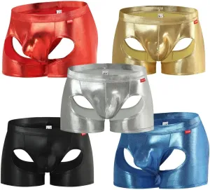 Gogobear Men's Shiny Metallic Boxer Briefs Sexy Breathable Hollow Out Bulge Pouch Bikini Underwear