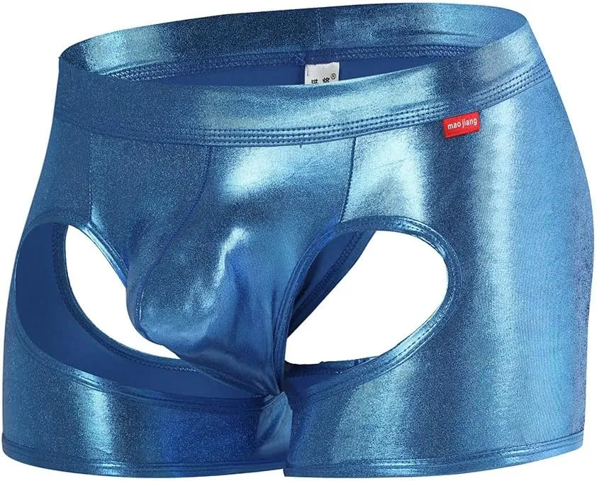 Gogobear Men's Shiny Metallic Boxer Briefs Sexy Breathable Hollow Out Bulge Pouch Bikini Underwear