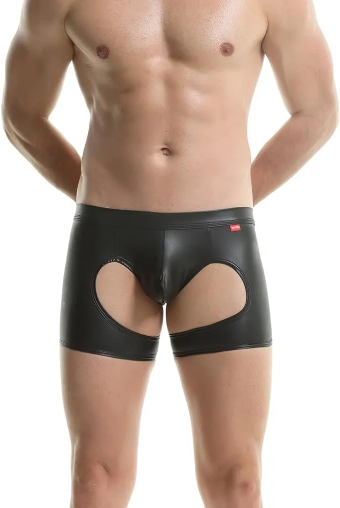 Gogobear Men's Shiny Metallic Boxer Briefs Sexy Breathable Hollow Out Bulge Pouch Bikini Underwear