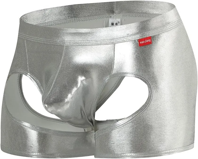 Gogobear Men's Shiny Metallic Boxer Briefs Sexy Breathable Hollow Out Bulge Pouch Bikini Underwear