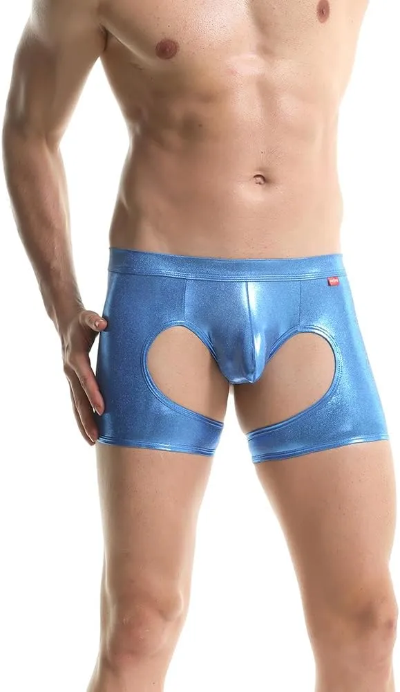 Gogobear Men's Shiny Metallic Boxer Briefs Sexy Breathable Hollow Out Bulge Pouch Bikini Underwear