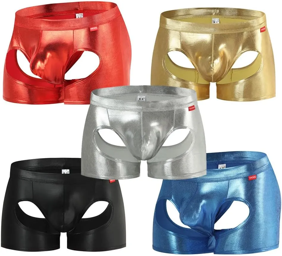 Gogobear Men's Shiny Metallic Boxer Briefs Sexy Breathable Hollow Out Bulge Pouch Bikini Underwear