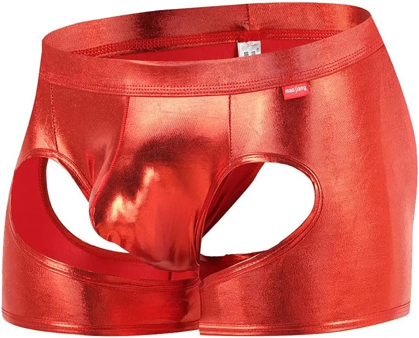 Gogobear Men's Shiny Metallic Boxer Briefs Sexy Breathable Hollow Out Bulge Pouch Bikini Underwear
