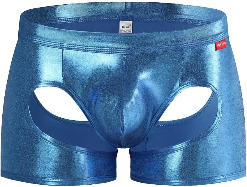 Gogobear Men's Shiny Metallic Boxer Briefs Sexy Breathable Hollow Out Bulge Pouch Bikini Underwear