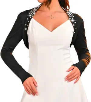 GORAIS Women Bolero Shrugs Evening Black Long Sleeve Jacket Rhinestone Cropped Bolero Cardigan for Formal Dresses