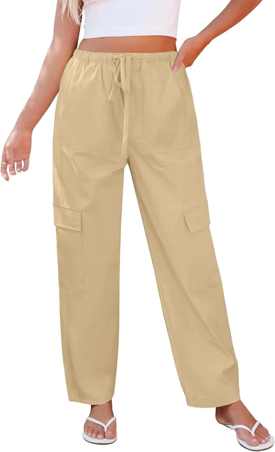 GRAPENT Wide Leg Pants Woman Cargo High Waisted Cotton Pull On Elastic Waist Drawstring Baggy Cinch Hem Joggers Pants