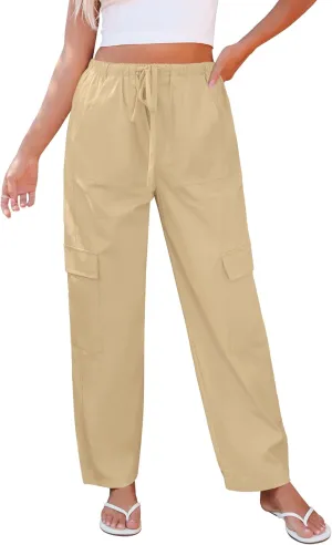 GRAPENT Wide Leg Pants Woman Cargo High Waisted Cotton Pull On Elastic Waist Drawstring Baggy Cinch Hem Joggers Pants