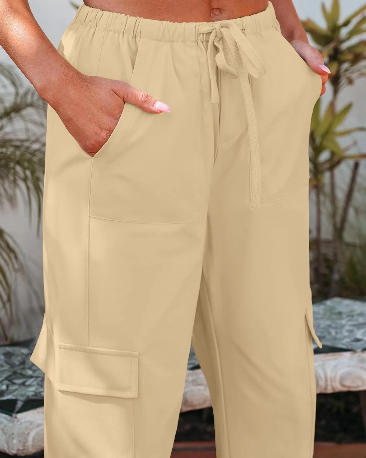 GRAPENT Wide Leg Pants Woman Cargo High Waisted Cotton Pull On Elastic Waist Drawstring Baggy Cinch Hem Joggers Pants
