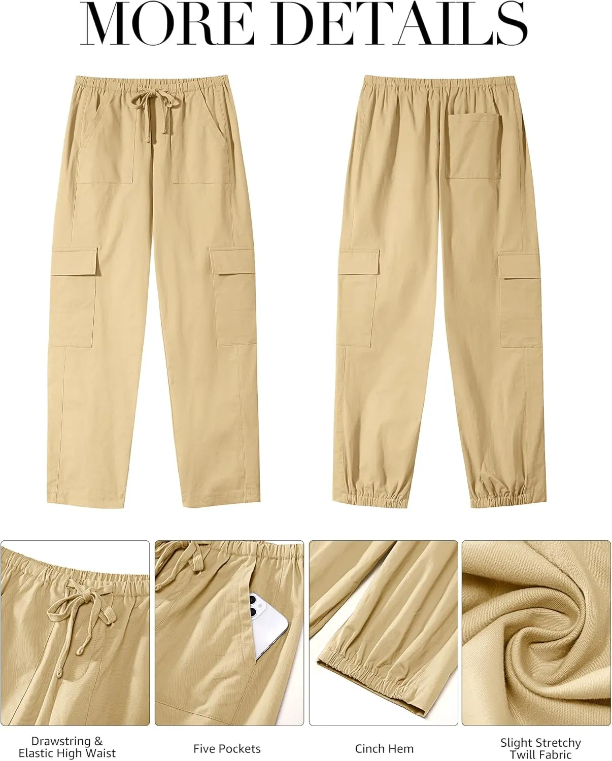 GRAPENT Wide Leg Pants Woman Cargo High Waisted Cotton Pull On Elastic Waist Drawstring Baggy Cinch Hem Joggers Pants