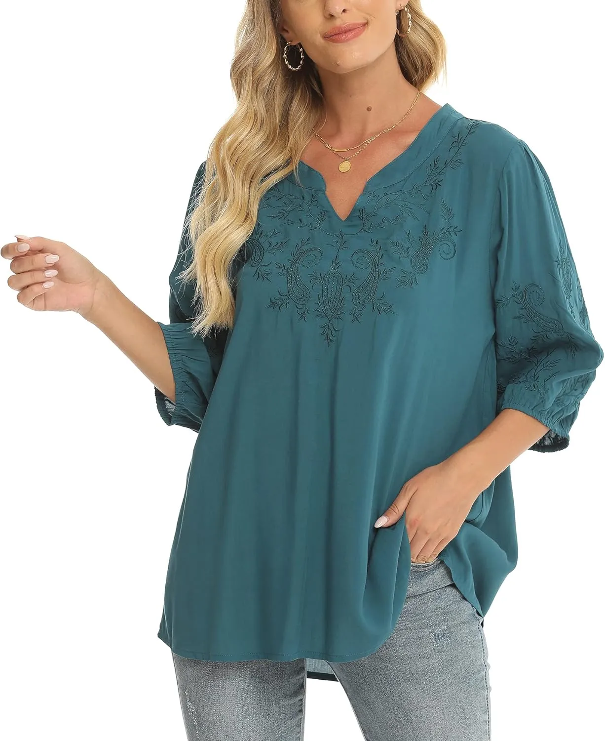 Grosy Women's Embroidered Plain Tunic Tops for Summer Fall Spring, Simple Elegant Dressy Blouse Casual Embroidery Solid Shirt