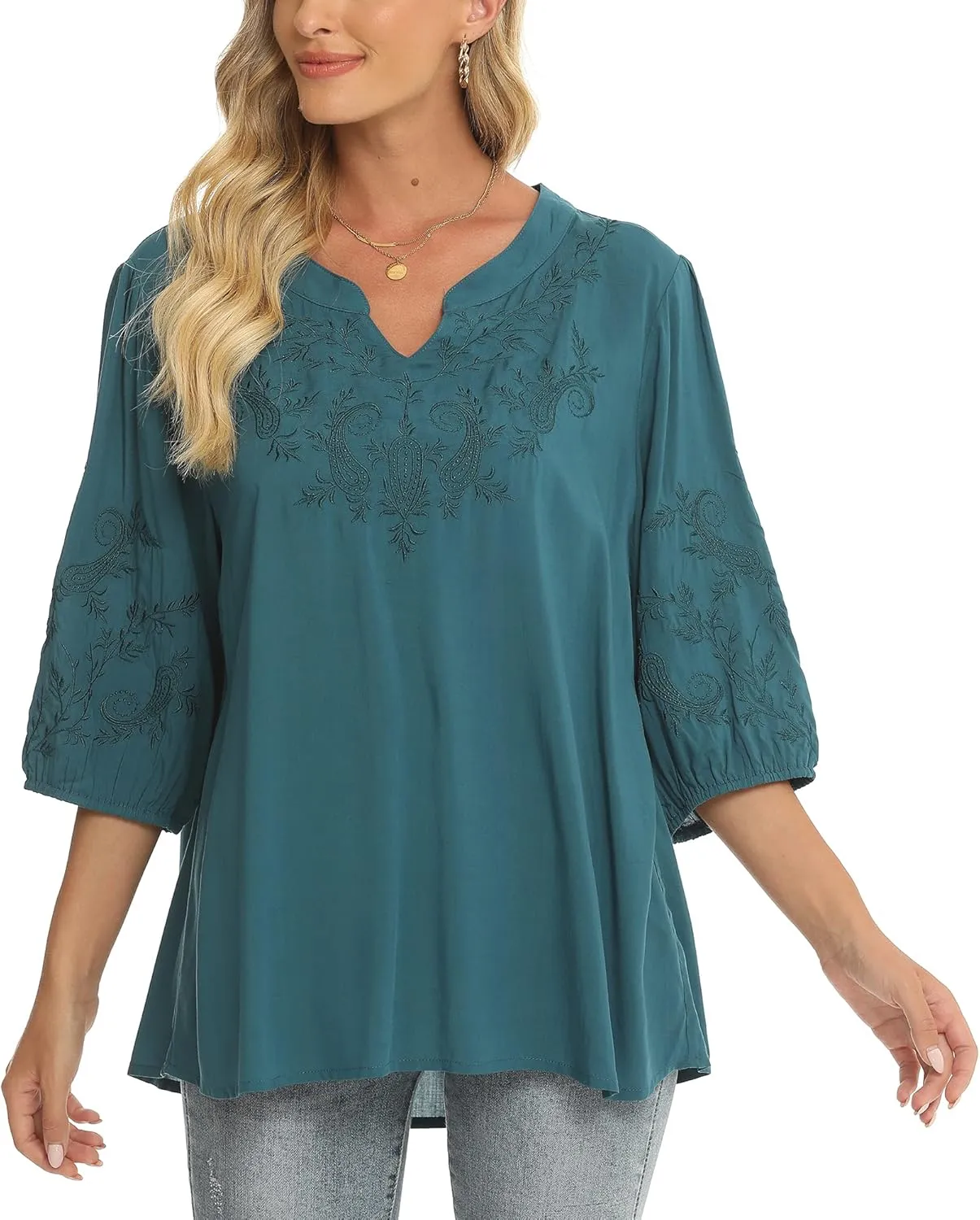 Grosy Women's Embroidered Plain Tunic Tops for Summer Fall Spring, Simple Elegant Dressy Blouse Casual Embroidery Solid Shirt