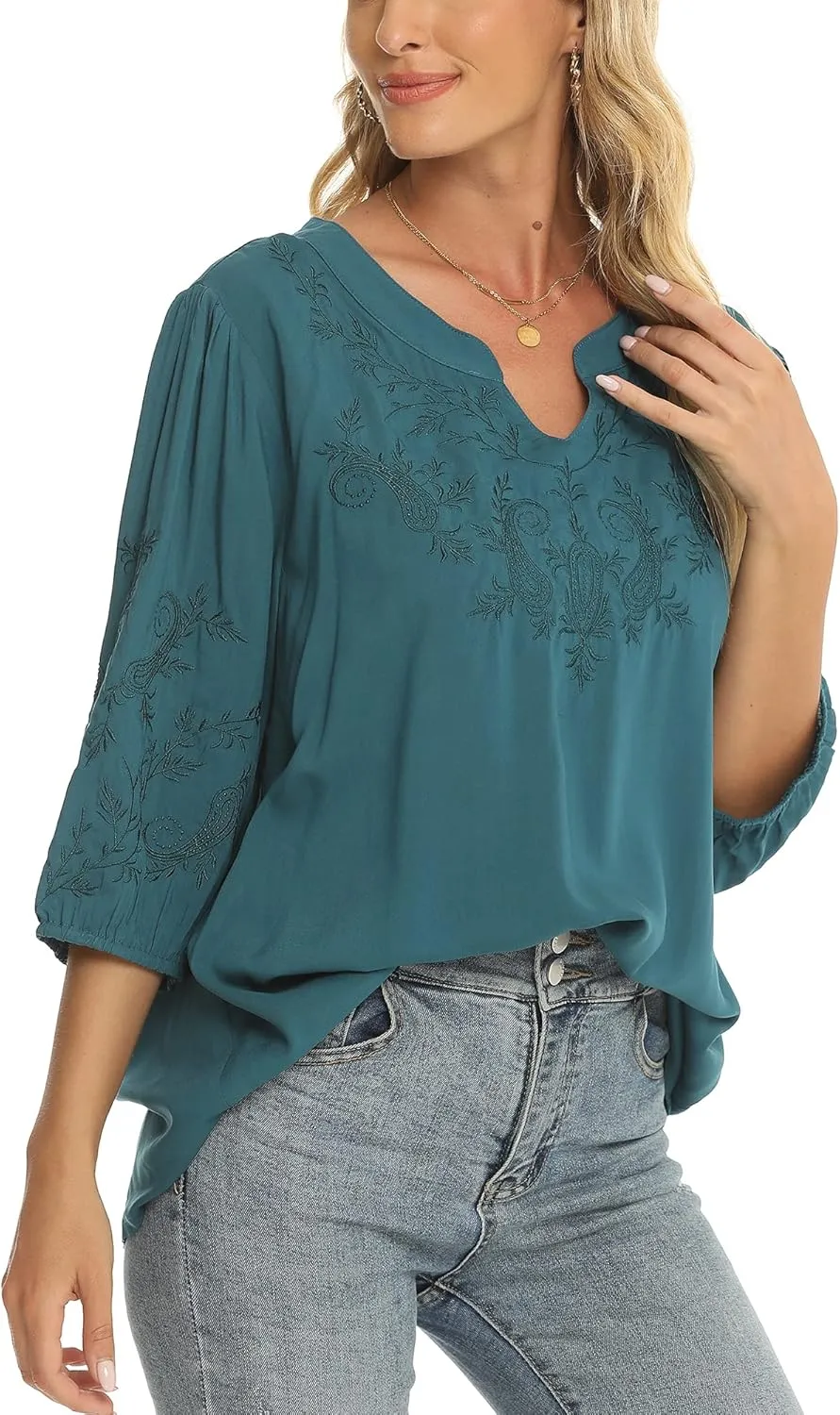 Grosy Women's Embroidered Plain Tunic Tops for Summer Fall Spring, Simple Elegant Dressy Blouse Casual Embroidery Solid Shirt