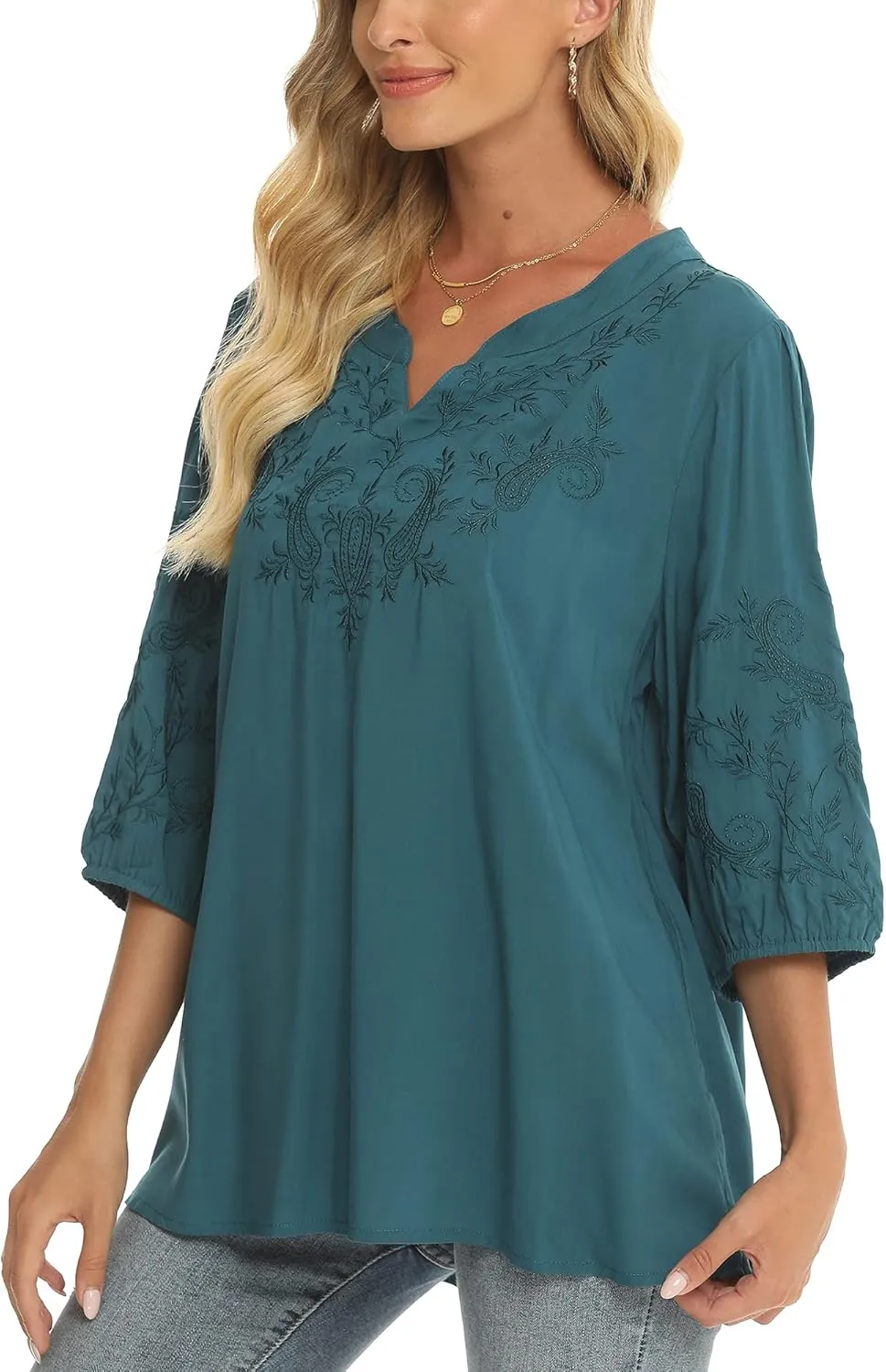 Grosy Women's Embroidered Plain Tunic Tops for Summer Fall Spring, Simple Elegant Dressy Blouse Casual Embroidery Solid Shirt