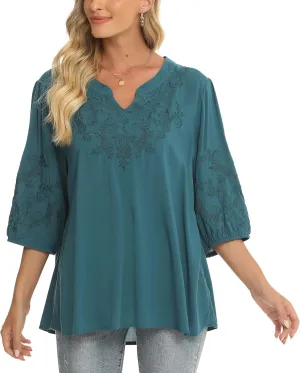 Grosy Women's Embroidered Plain Tunic Tops for Summer Fall Spring, Simple Elegant Dressy Blouse Casual Embroidery Solid Shirt