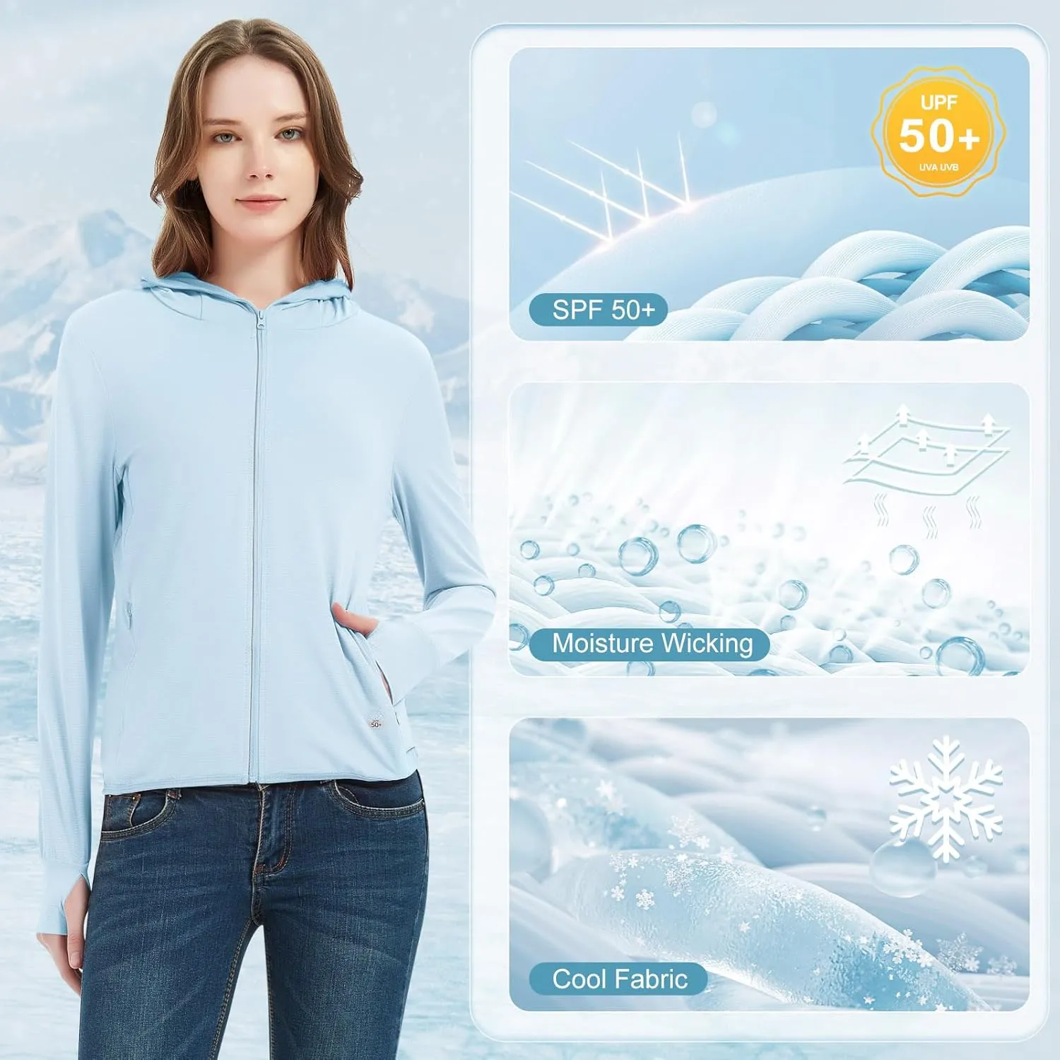 Guooolex Womens UPF 50  Sun Protection Hoodie Jacket Lightweight Quick Dry Active UV Shirts with Zipper Pockets